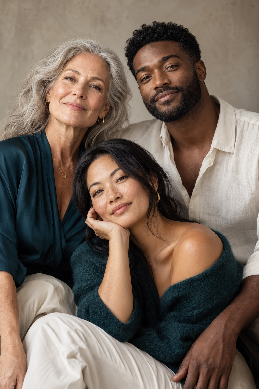 Illustrative portrait of three adults of different ages and backgrounds.